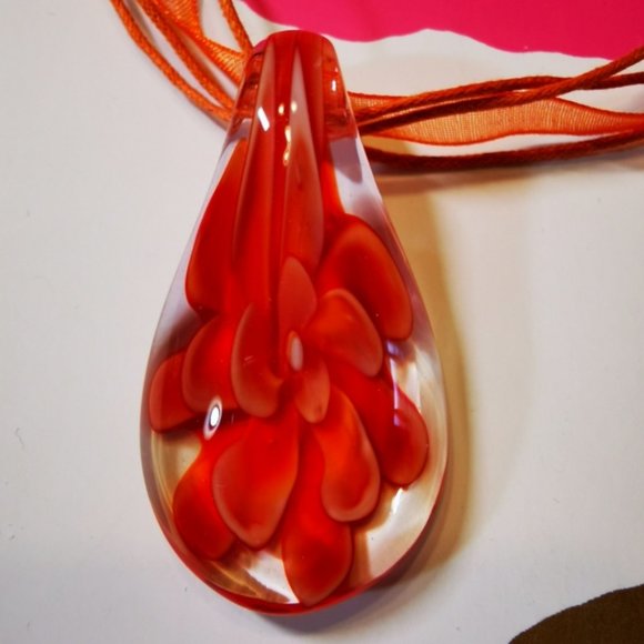 Art Glass Pendent Clear Glass with Orange Flower ~ Ribbon and Cord Nec… - Picture 5 of 16
